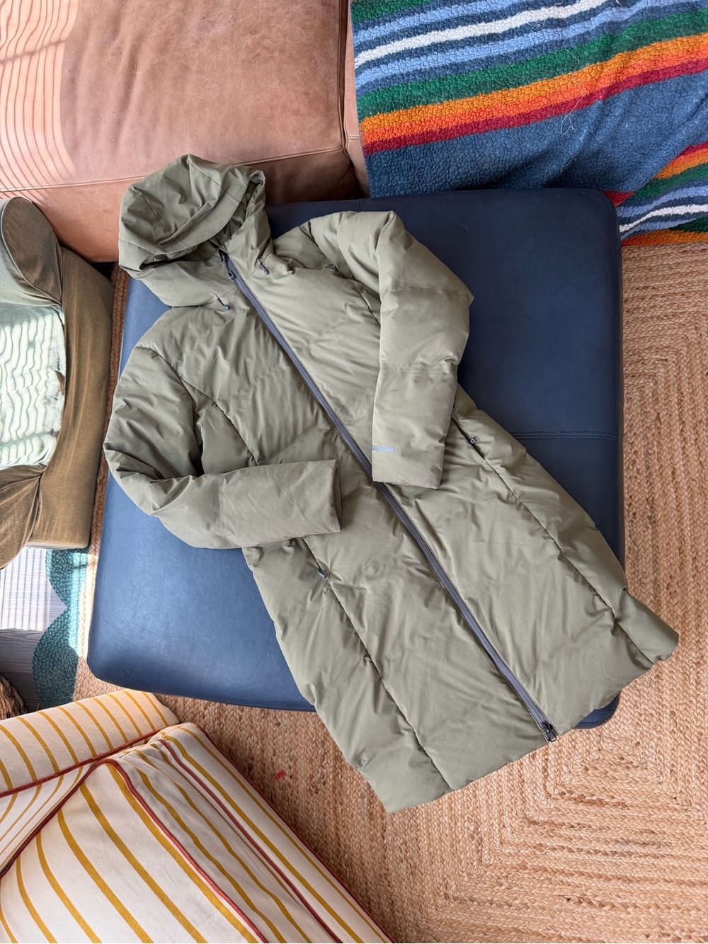Patagonia Long Hooded Puffer Coat in Olive Green